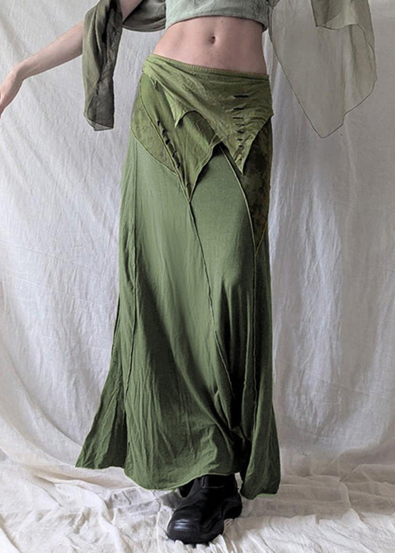 Vintage Green Asymmetrical Side Open Cotton Skirts Summer