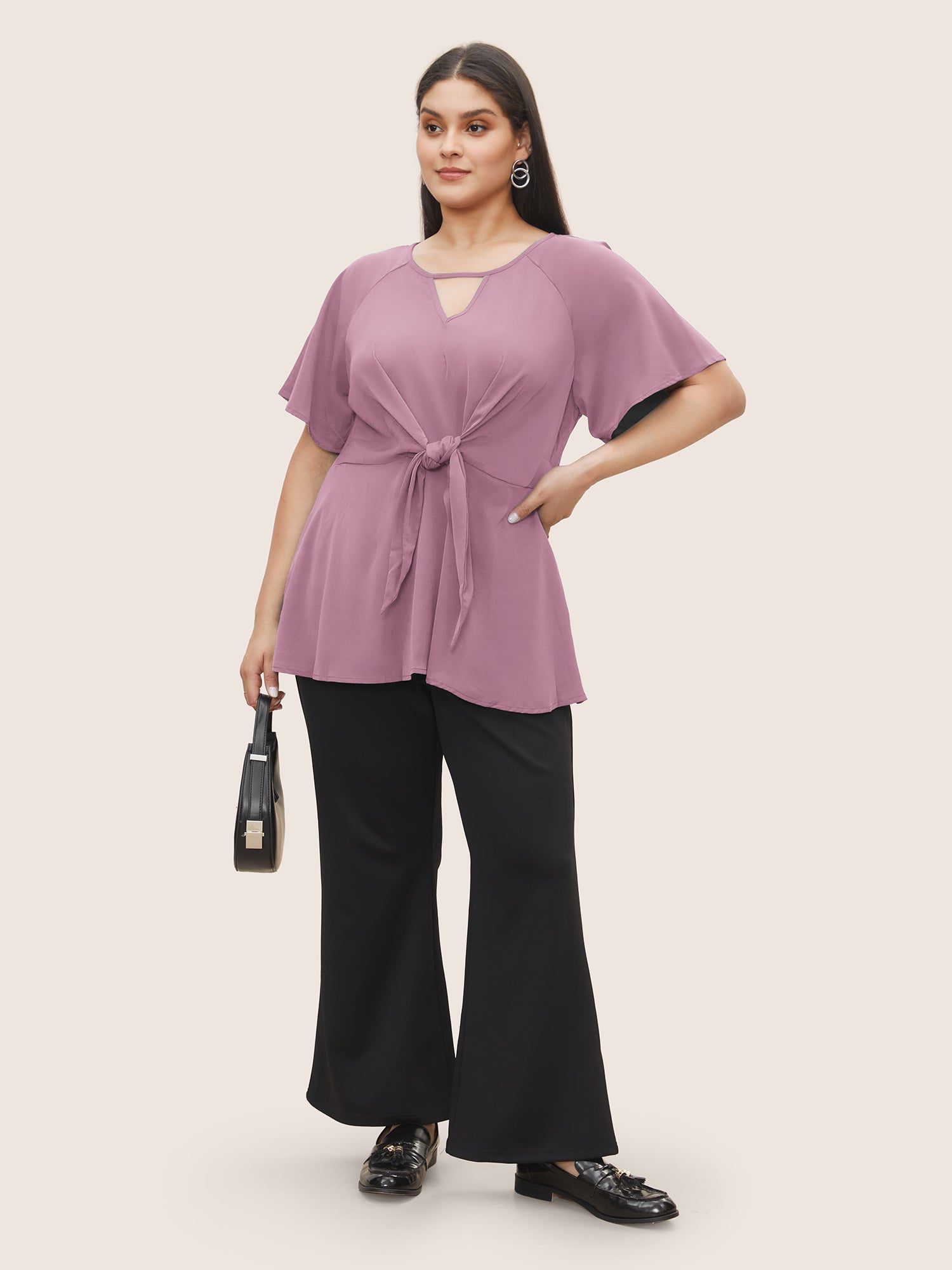 Plain Keyhole Knotted Front Ruffle Sleeve Blouse