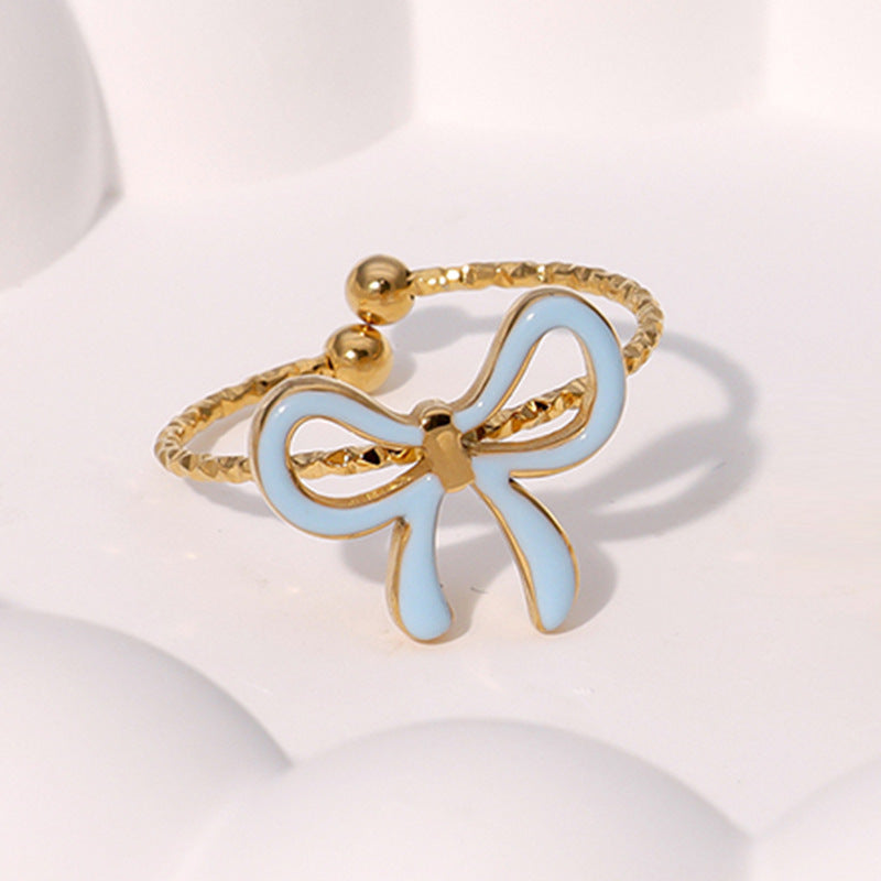 Fashionable Simple Cute Sweet Ins-Style Gold-Plated Bow-Knot Open Stainless Steel Ring Jewelry For Women