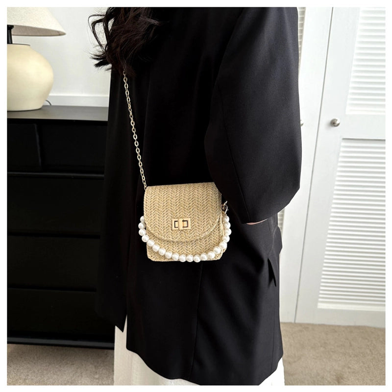 Women's Mini Straw Solid Color Elegant Pearls Lock Clasp Straw Bag