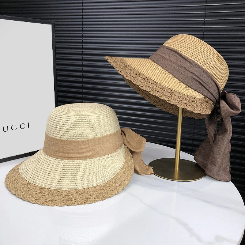 Women's Minimalist Classic Style Color Block Bowknot Flat Eaves Straw Hat