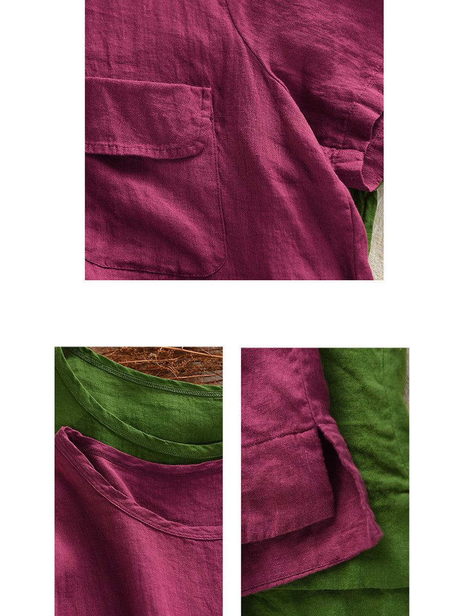 Women Summer Artsy Pure Color 100%Linen O-Neck Shirt