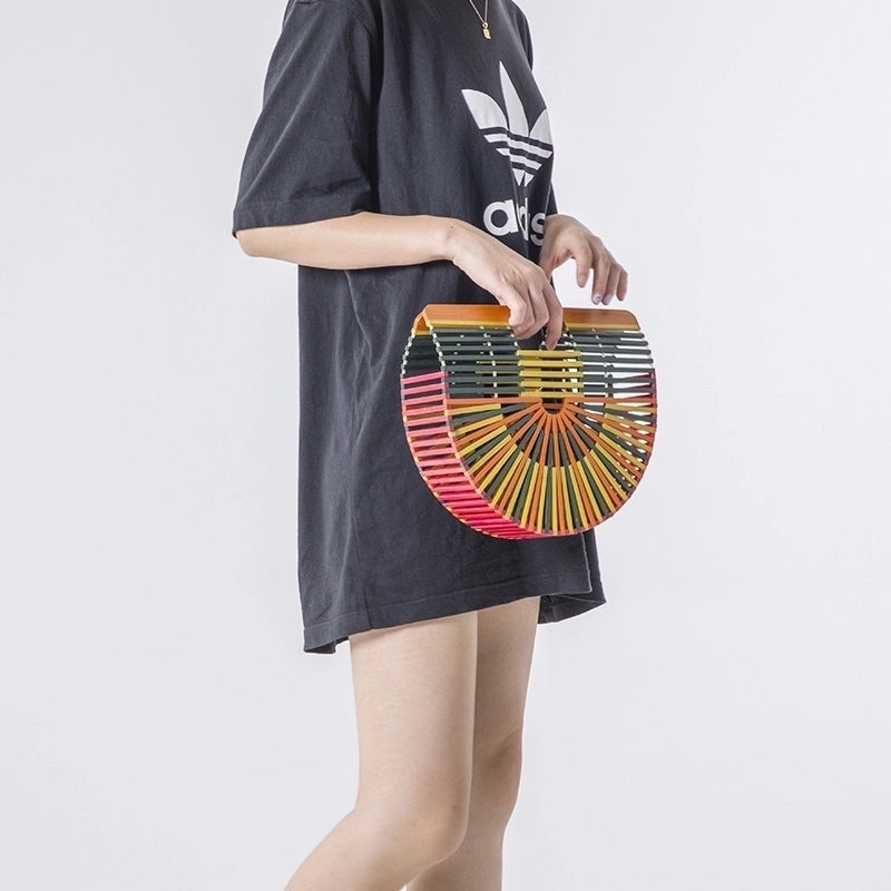 Women's Medium Bamboo Solid Color Vacation Beach Open Beach Bag
