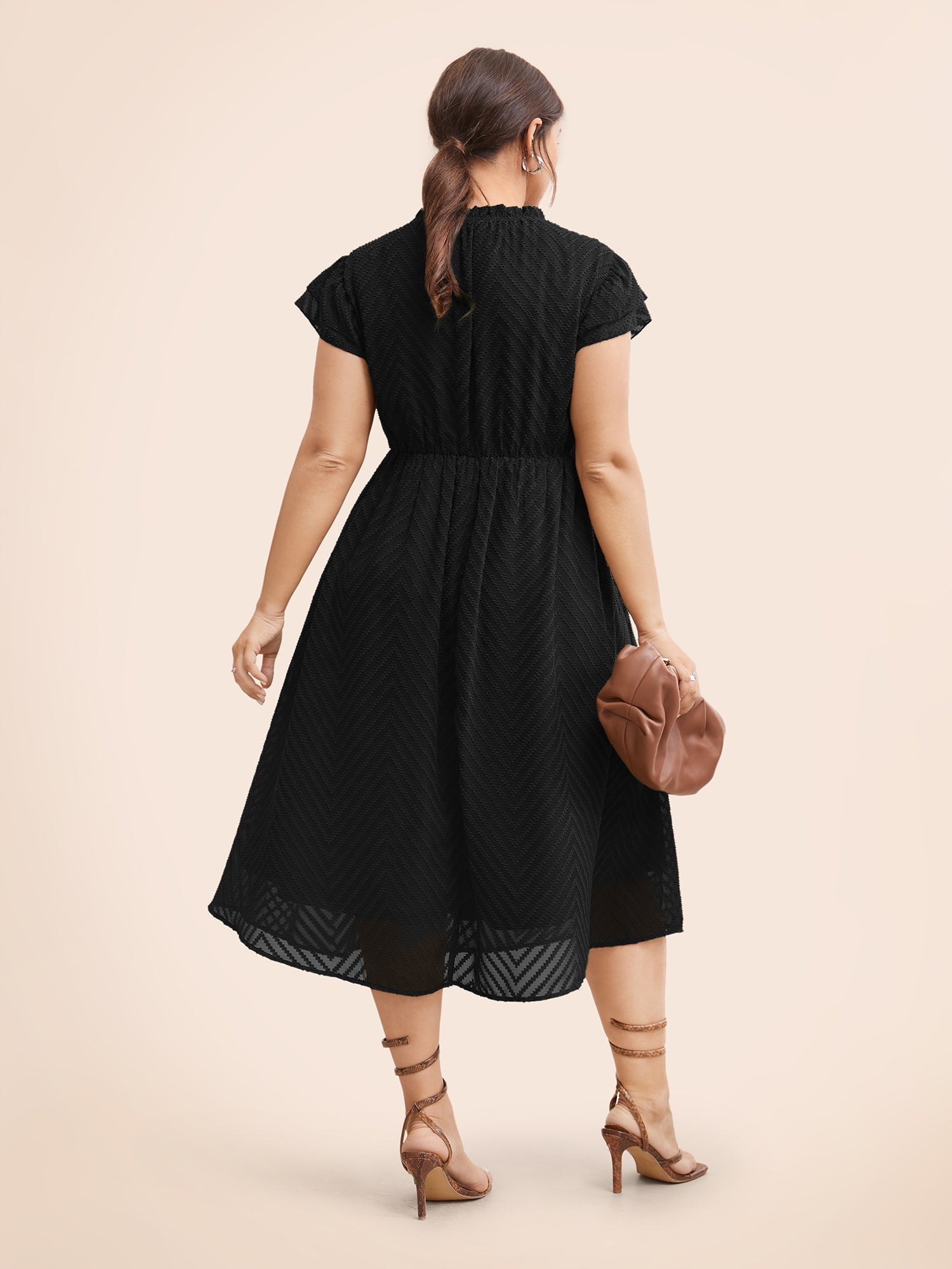 Plain Geometric Layered Sleeve Pocket Ruffle Mock Neck Dress