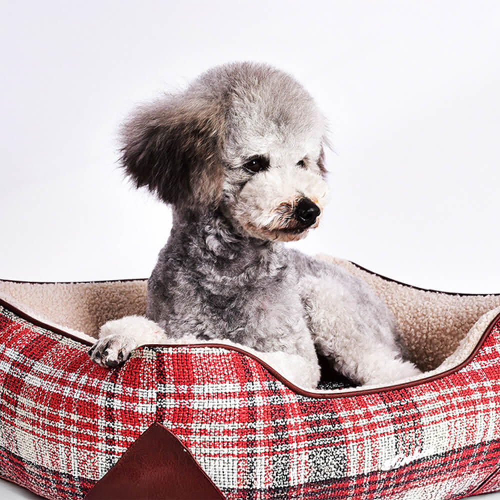 Square Vintage Plaid Faux Sherpa PU Leather Dog & Cat Bed