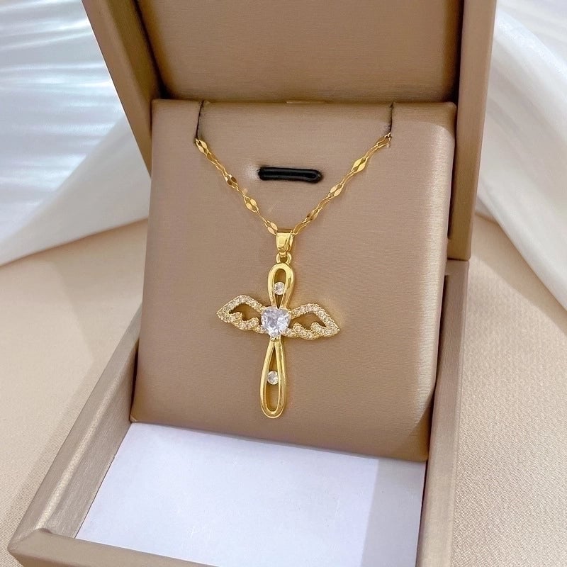 Minimalist Cross Titanium Steel Copper Zircon Pendant Necklace In Bulk