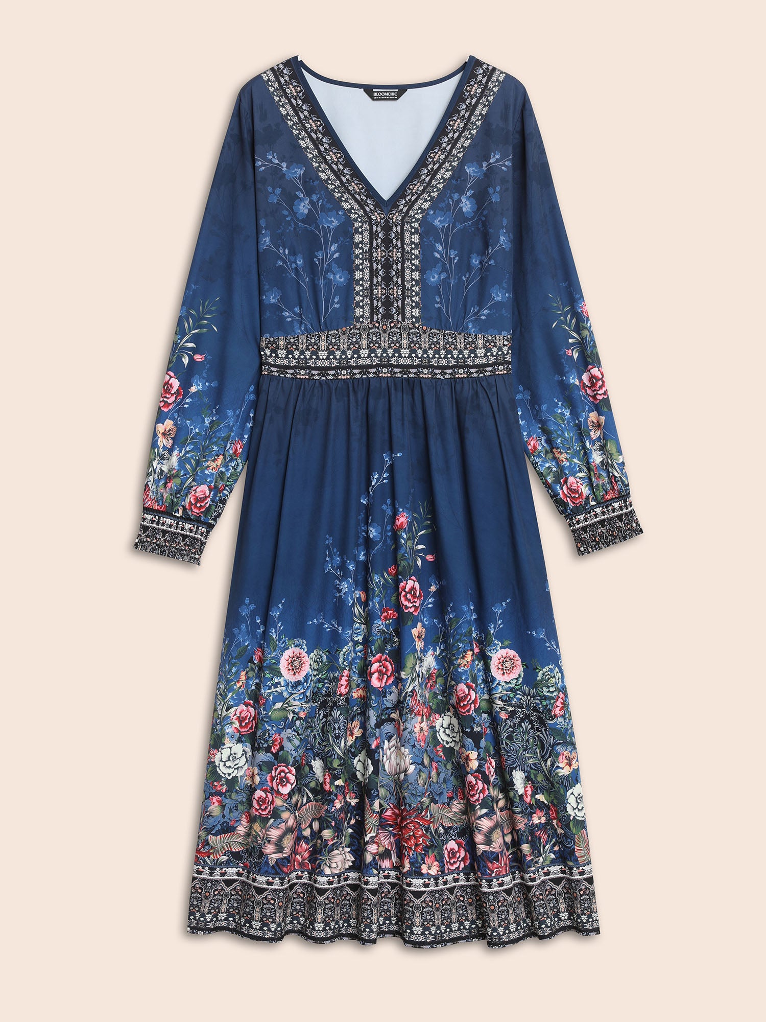 V Neck Boho Print Shirred Dress