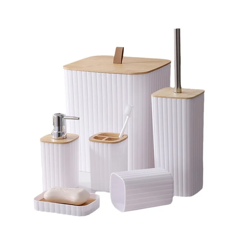 Eco-friendly  Bamboo Plastic Bathroom Sets Luxury vanity Household Items Modern Washroom Toilet Bathroom Accessories Set