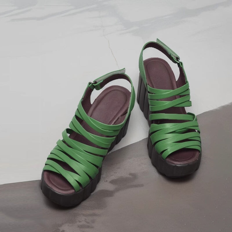 Woven Leather Gladiator Sandals For Women 90mm Platform Slingback High Heels in Black/Green/Beige
