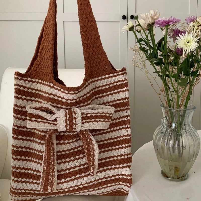 Women's Medium Polyester Stripe Bow Knot Vintage Style Weave Open Shoulder Bag