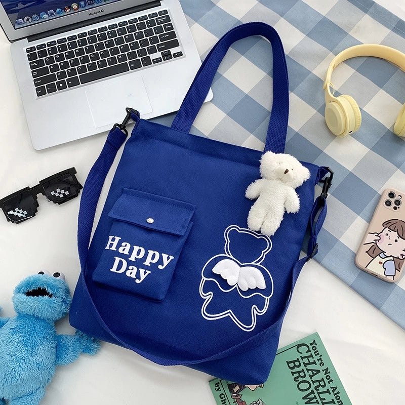 Women's Large Canvas Letter Little Bear Classic Style Zipper Canvas Bag