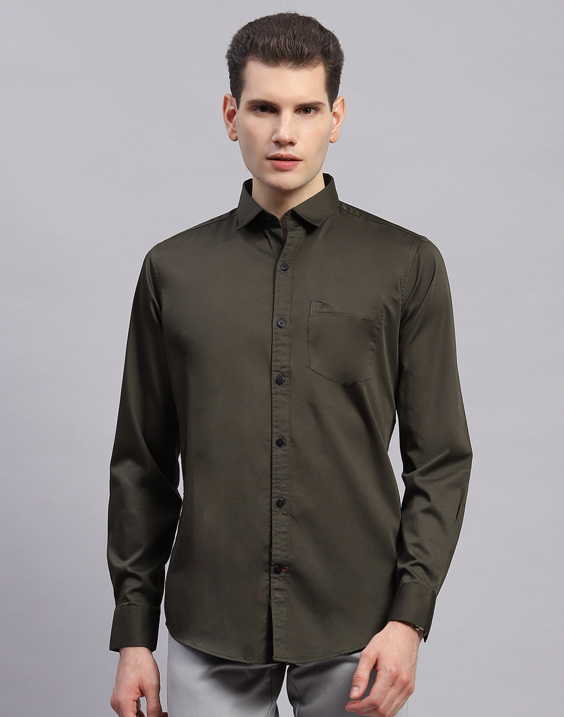 Men Olive Solid Collar Full Sleeve Shirt