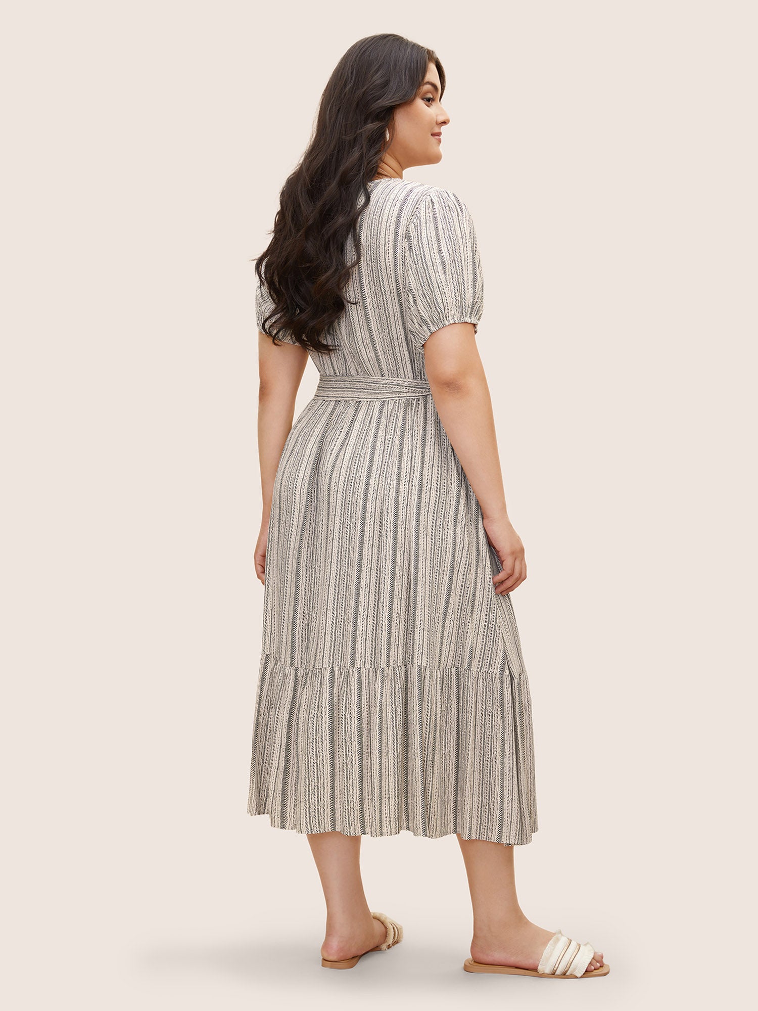 Striped Wrap Ruffle Hem Belted Dress