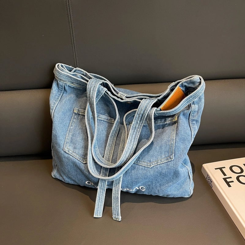 Women's Large Denim Solid Color Streetwear Magnetic Buckle Tote Bag