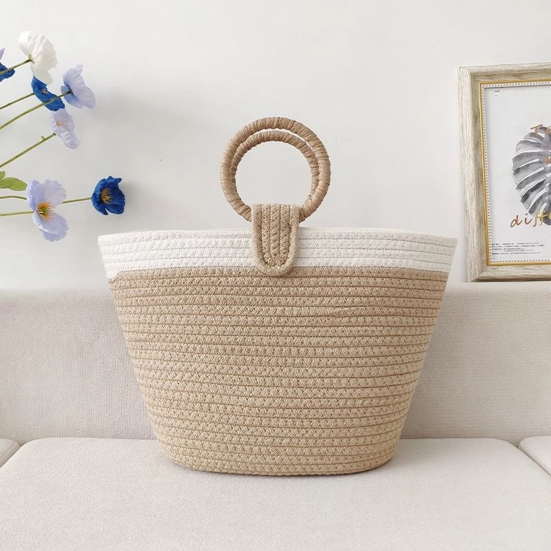 3 Pieces Women's Large Cotton Solid Color Vacation Weave Bucket Open Handbag
