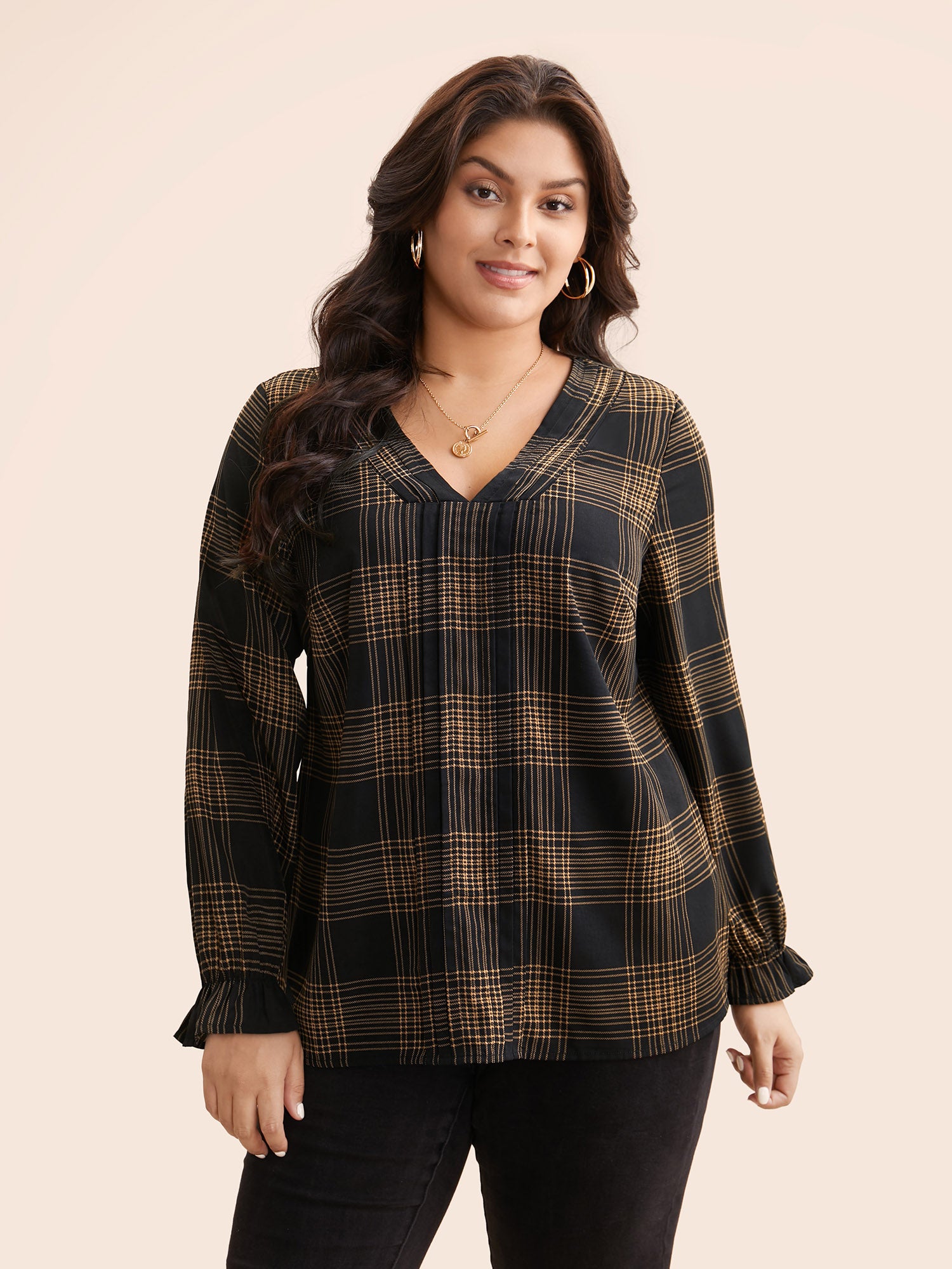 Plaid Pleated Lantern Sleeve Blouse