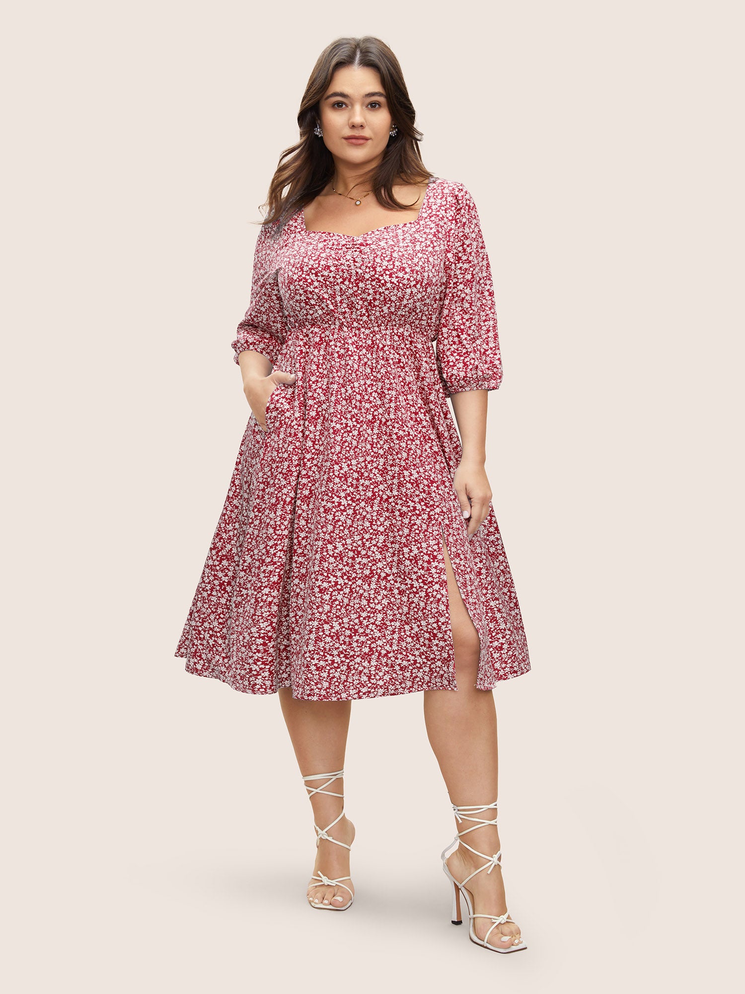 Ditsy Floral Print Square Neck Split Hem Dress