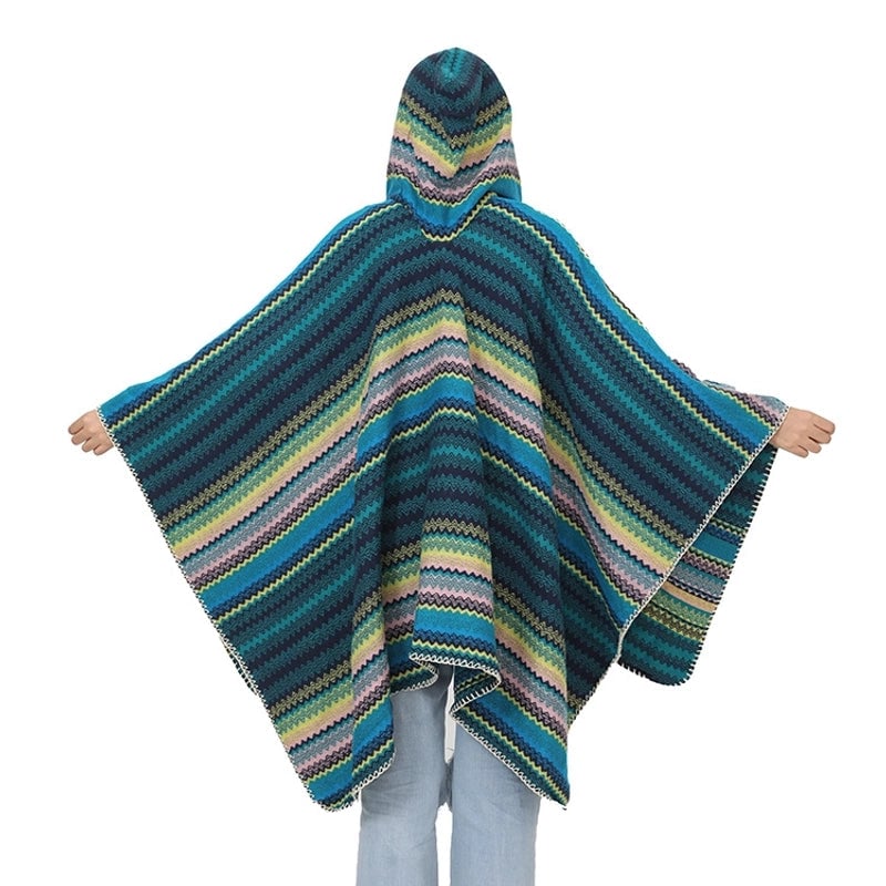Thick Hat Cape Shawl Autumn And Winter Warm Striped Knitted Shawl Woven Split Cape For Women