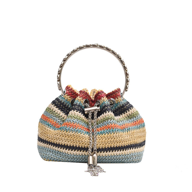 Women's All Seasons Straw Solid Color Vacation Bucket String Handbag Straw Bag