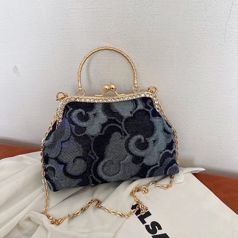 Women's Denim Flower Classic Style Sewing Thread Shell Clasp Frame Handbag