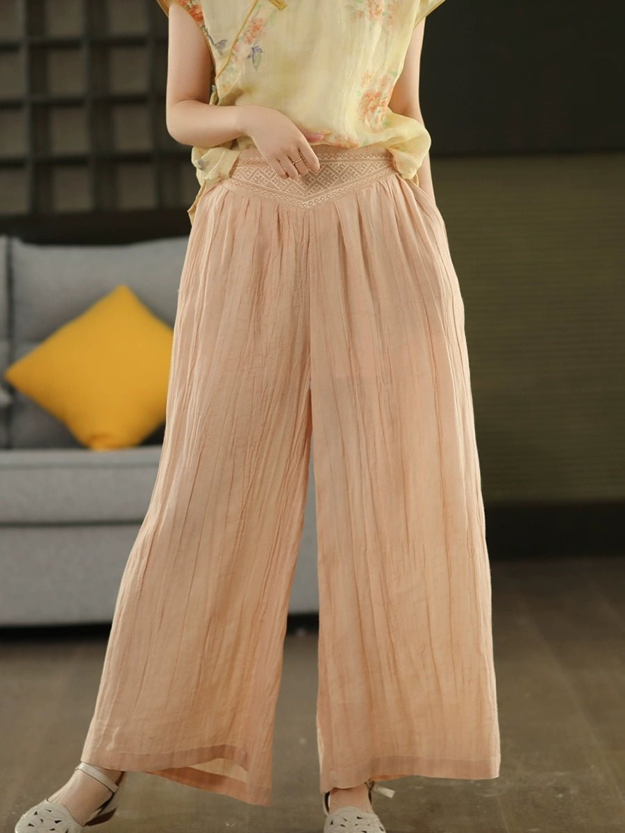 Women Summer Artsy Pure Color 100%Ramie Wide-leg Pants