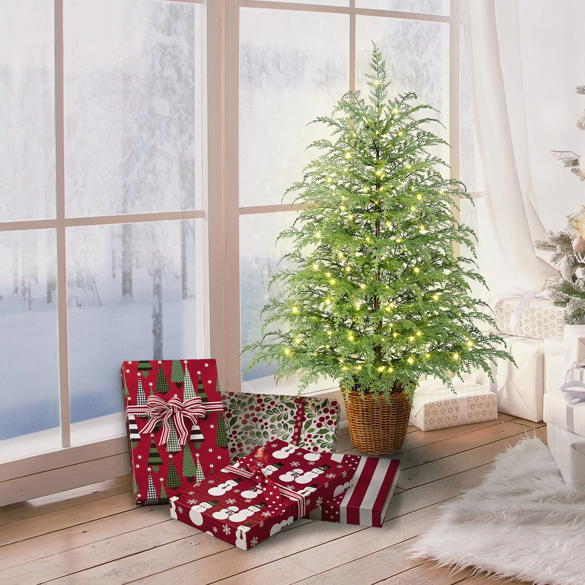 ✨Buy 2 Free Shipping💝4' Pre-Lit Green Cypress Artificial Christmas Potted Tree with 100 Warm White Twinkle LED Lights