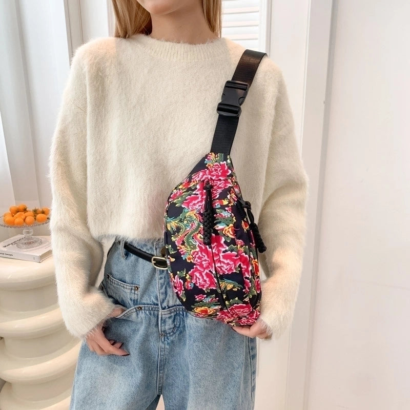 Women's Nylon Flower Vintage Style Classic Style Sewing Thread Square Zipper Shoulder Bag