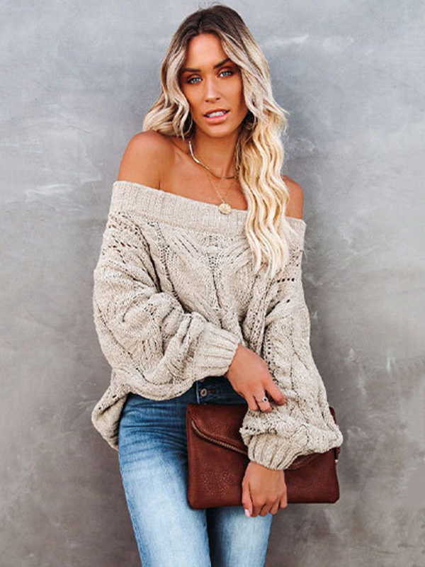 Vintage Long Sleeves Loose Solid Color Off-The-Shoulder Sweater Tops