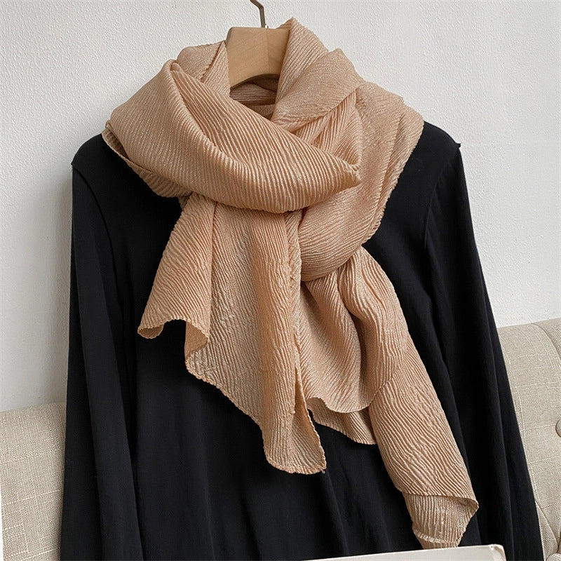 Heavy Bright Silk New Pleated Texture Scarf Women's Autumn And Winter All-Matching Long Solid Color Shawl Dual-Use