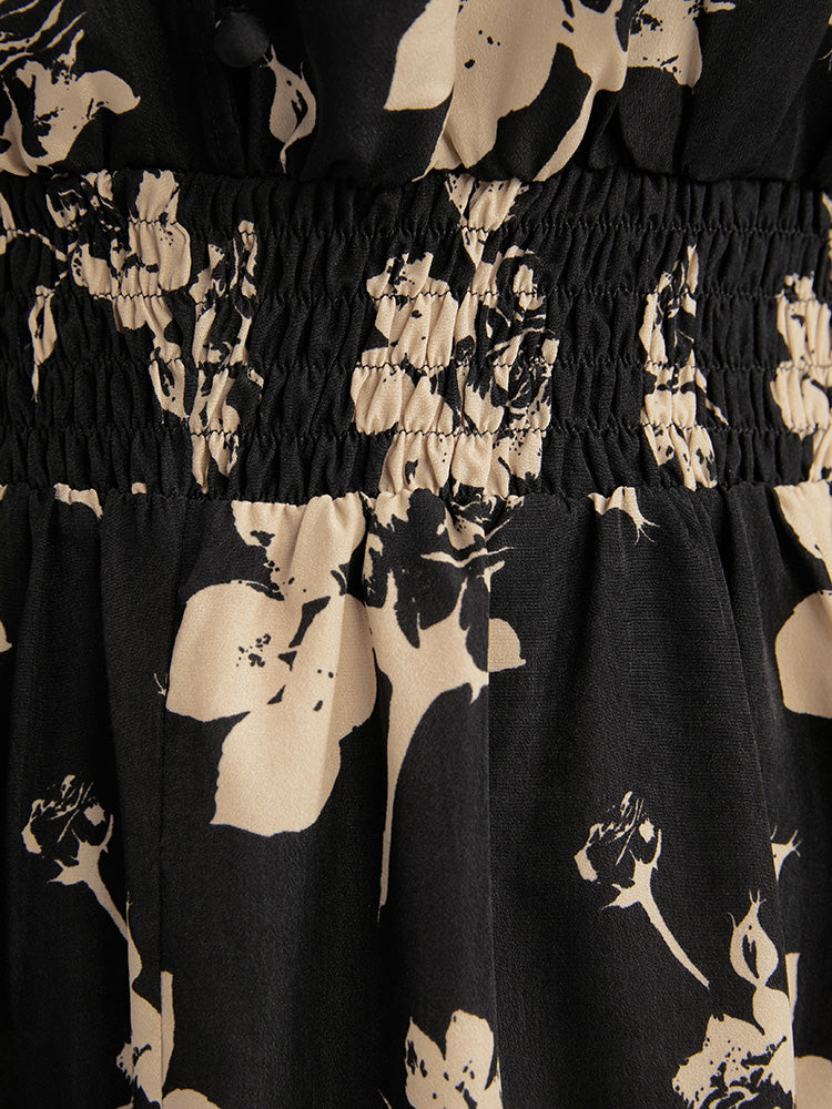 Floral V Neck Button Pocket Shirred Midi Dress