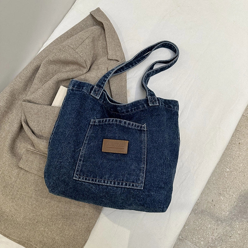 Women's Denim Letter Vintage Style Sewing Thread Square Magnetic Buckle Tote Bag