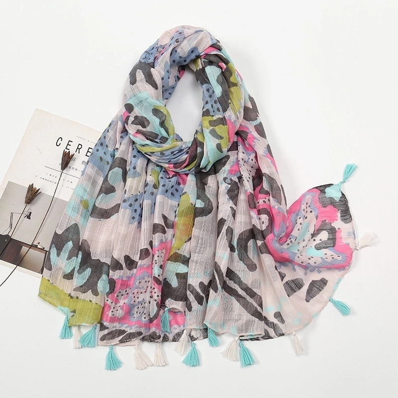 Women'S Sweet Flower Cotton And Linen Tassel Scarf