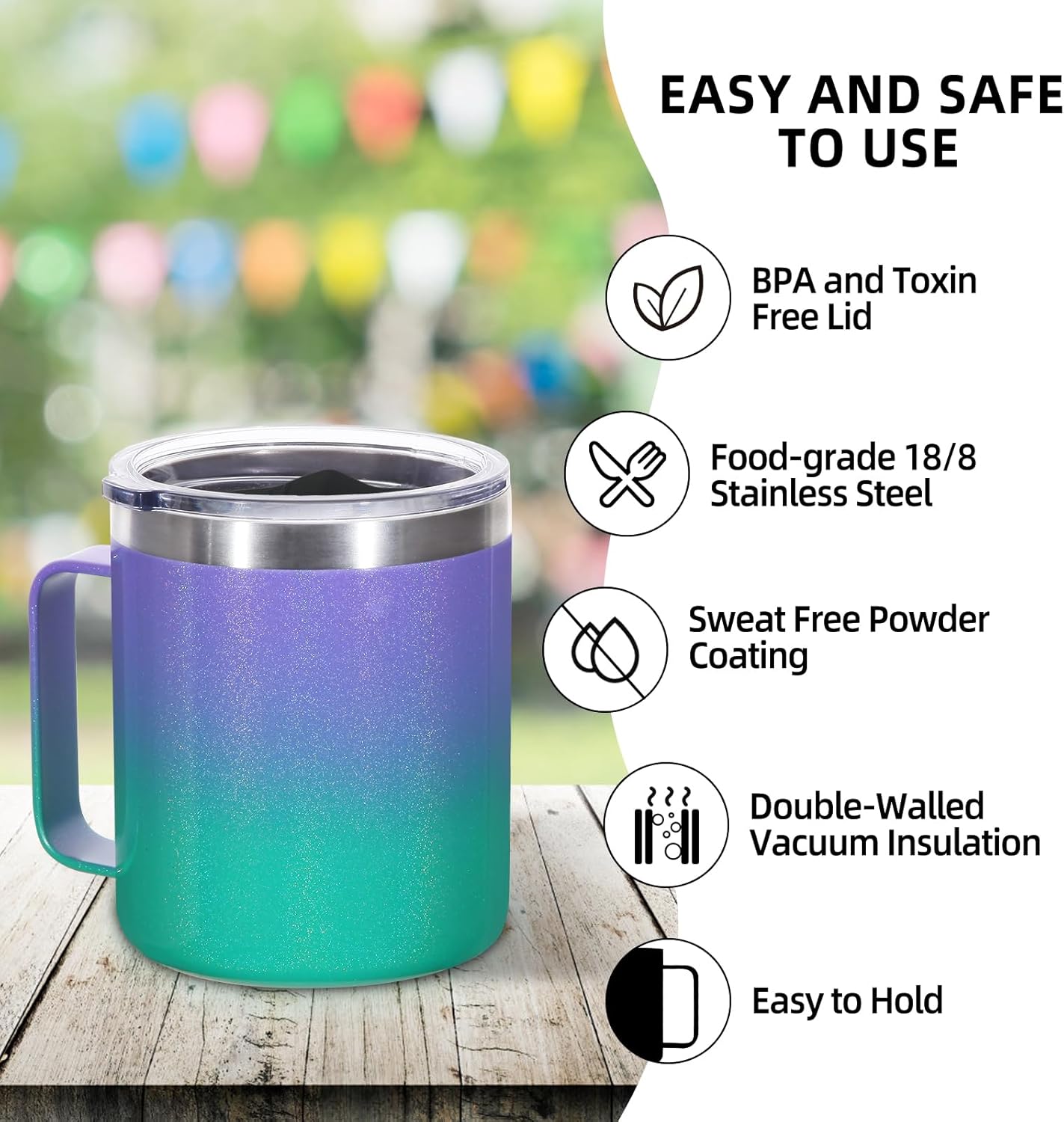 Volhoply 14oz Insulated Stainless Steel Coffee Mug with Leakproof Lid,Double Wall Vacuum Travel Coffee Cup with Handle,Reusable Metal Tumbler,Camping Mugs Keep Hot/Cold,Christmas Gifts(Black,1