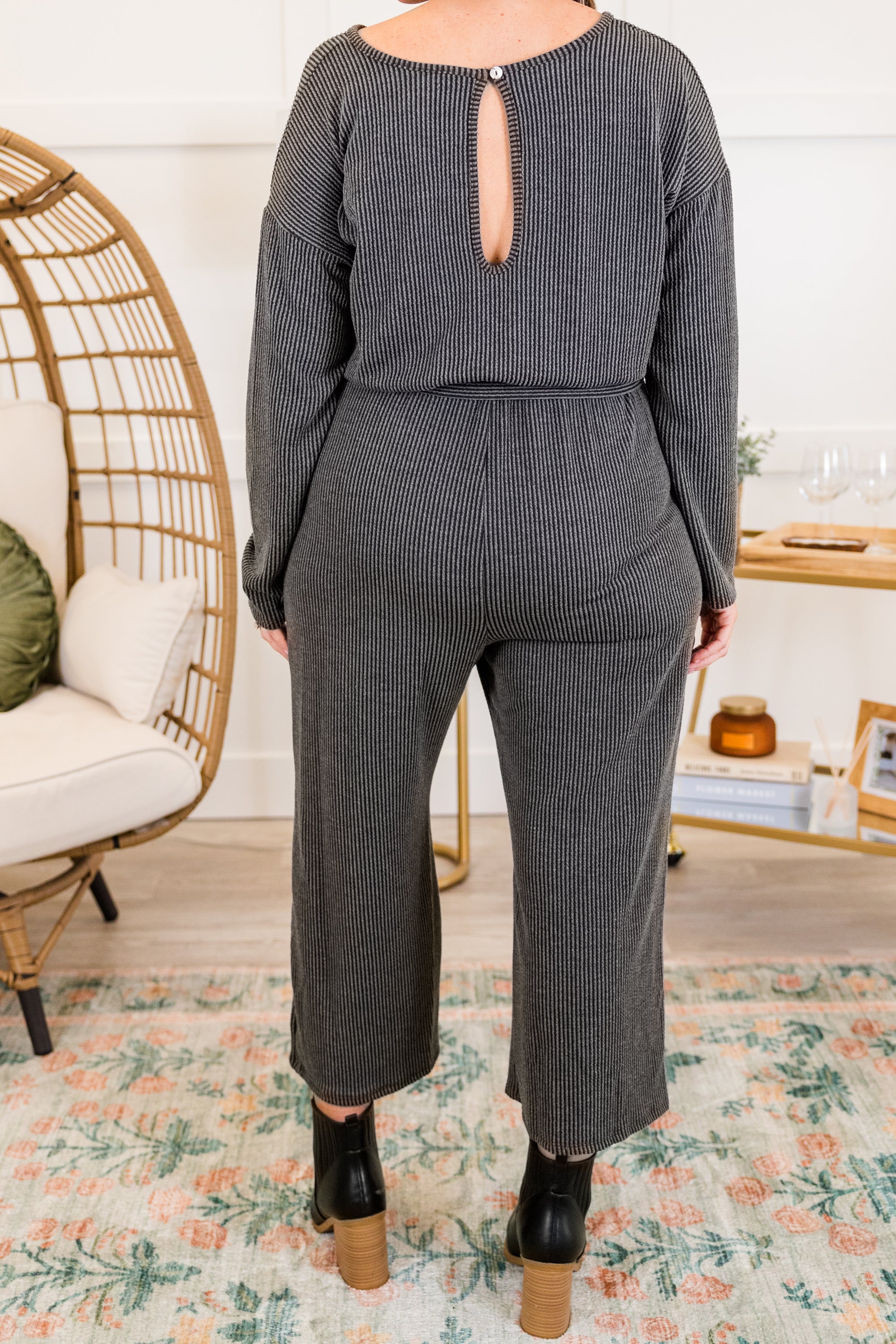 Firepits and Cozy Knits Jumpsuit. Charcoal