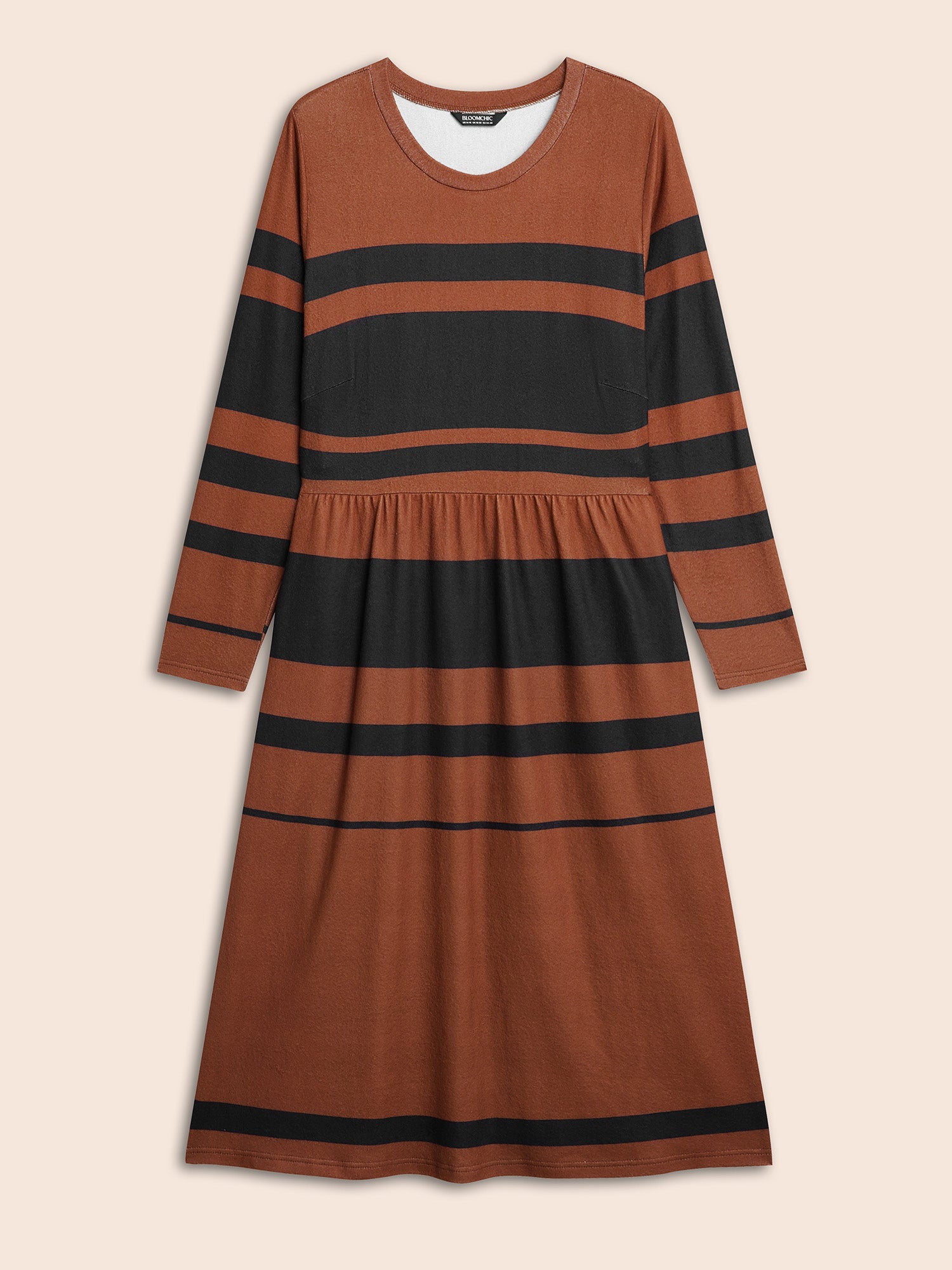 Crew Neck Striped Patchwork Elastic Waist Dress