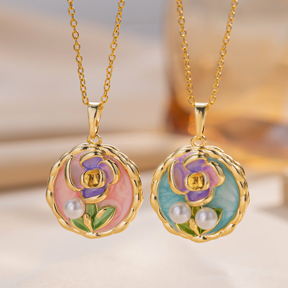 Retro Oil Drop Baroque Freshwater Pearl Enamel High-Grade Painted Flower Pendant Necklace