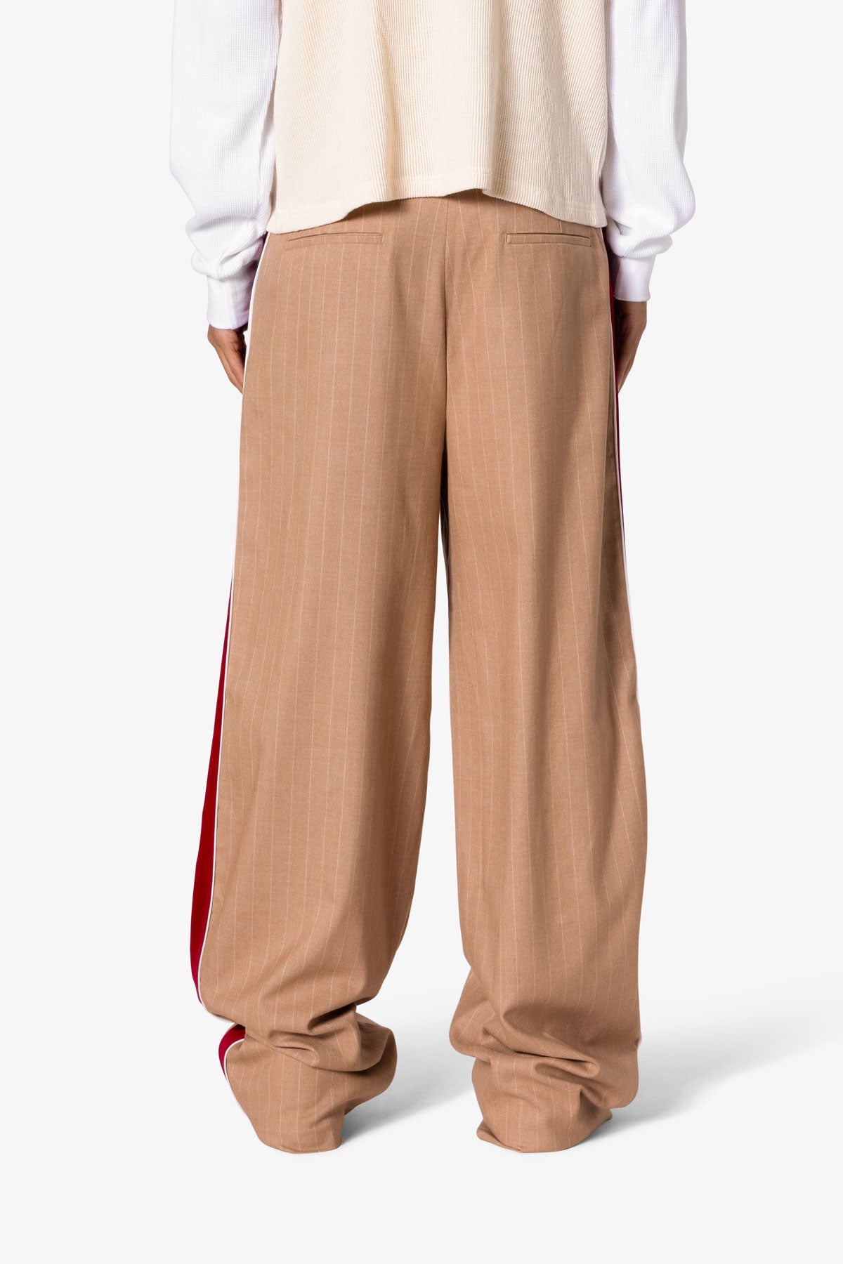 Pinstripe Velvet Trim Trouser Pants - Tan