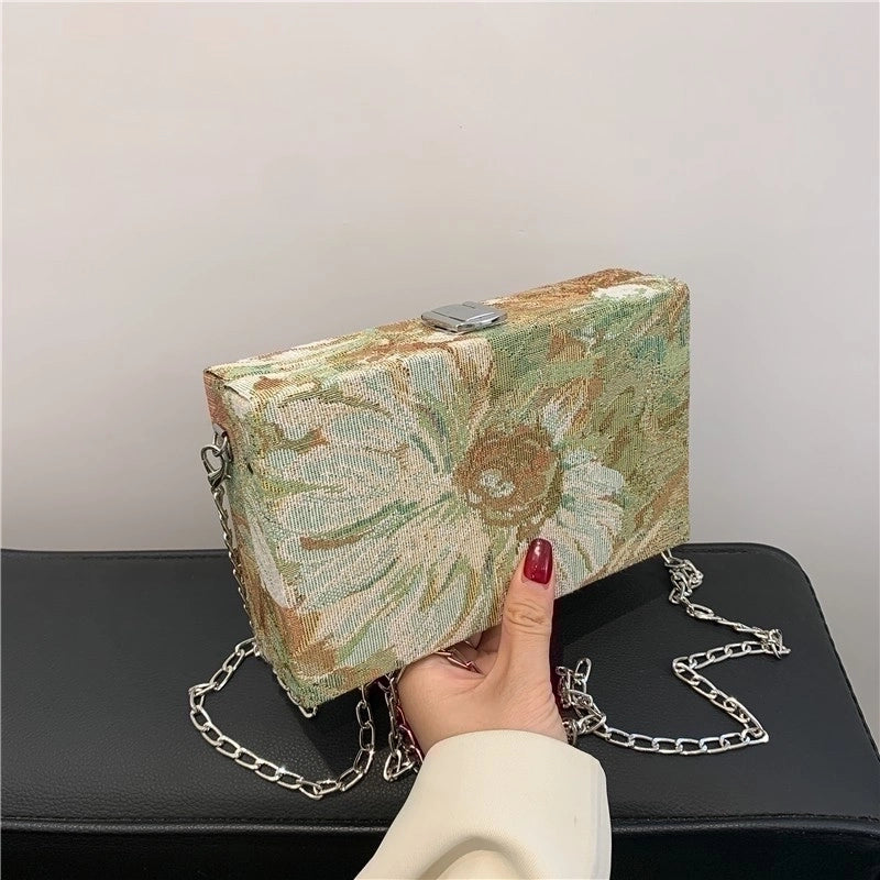 Women's Small Canvas Flower Streetwear Lock Clasp Crossbody Bag