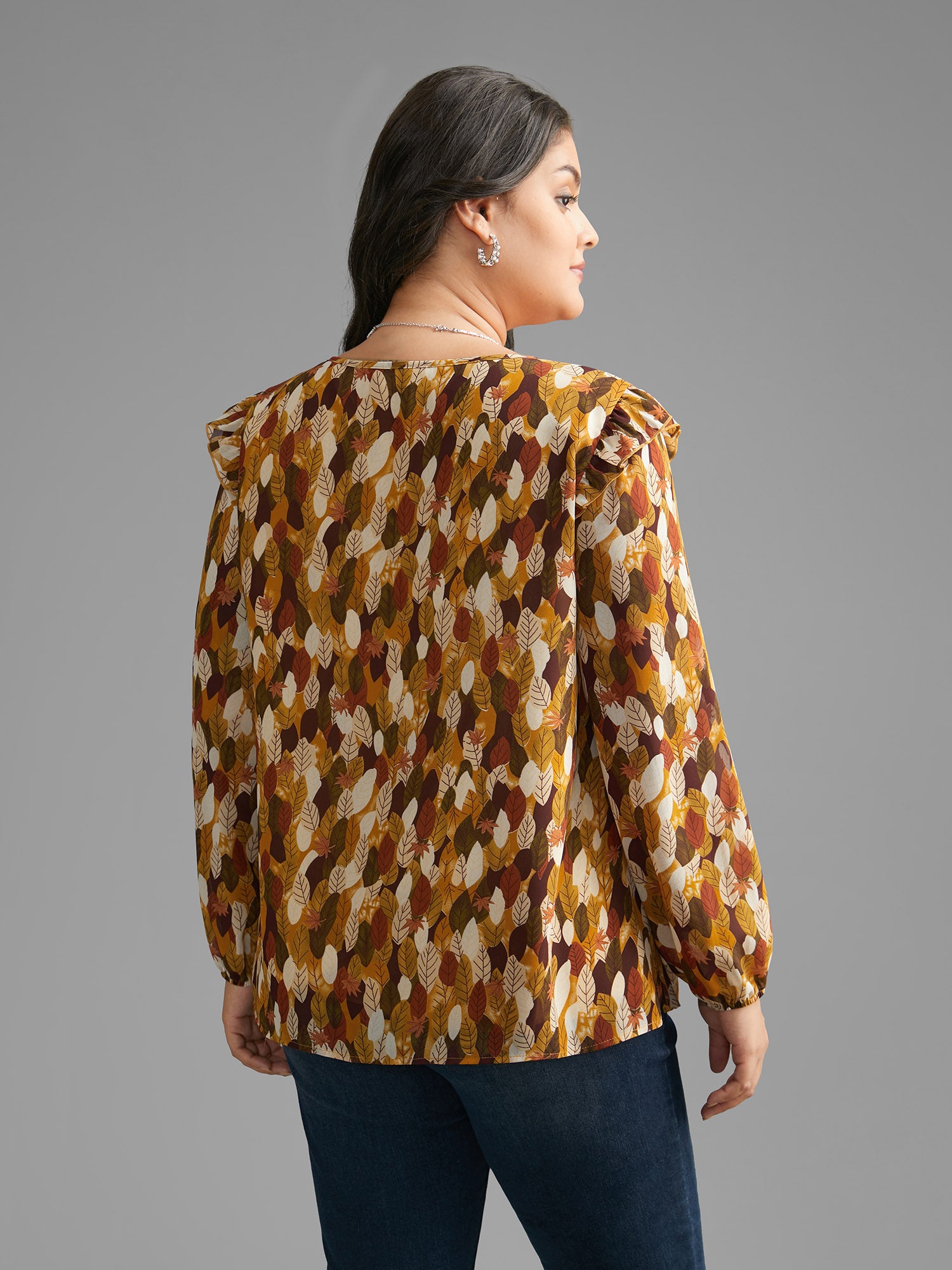 Leaves Print Ruffle Trim Slit Hem Blouse