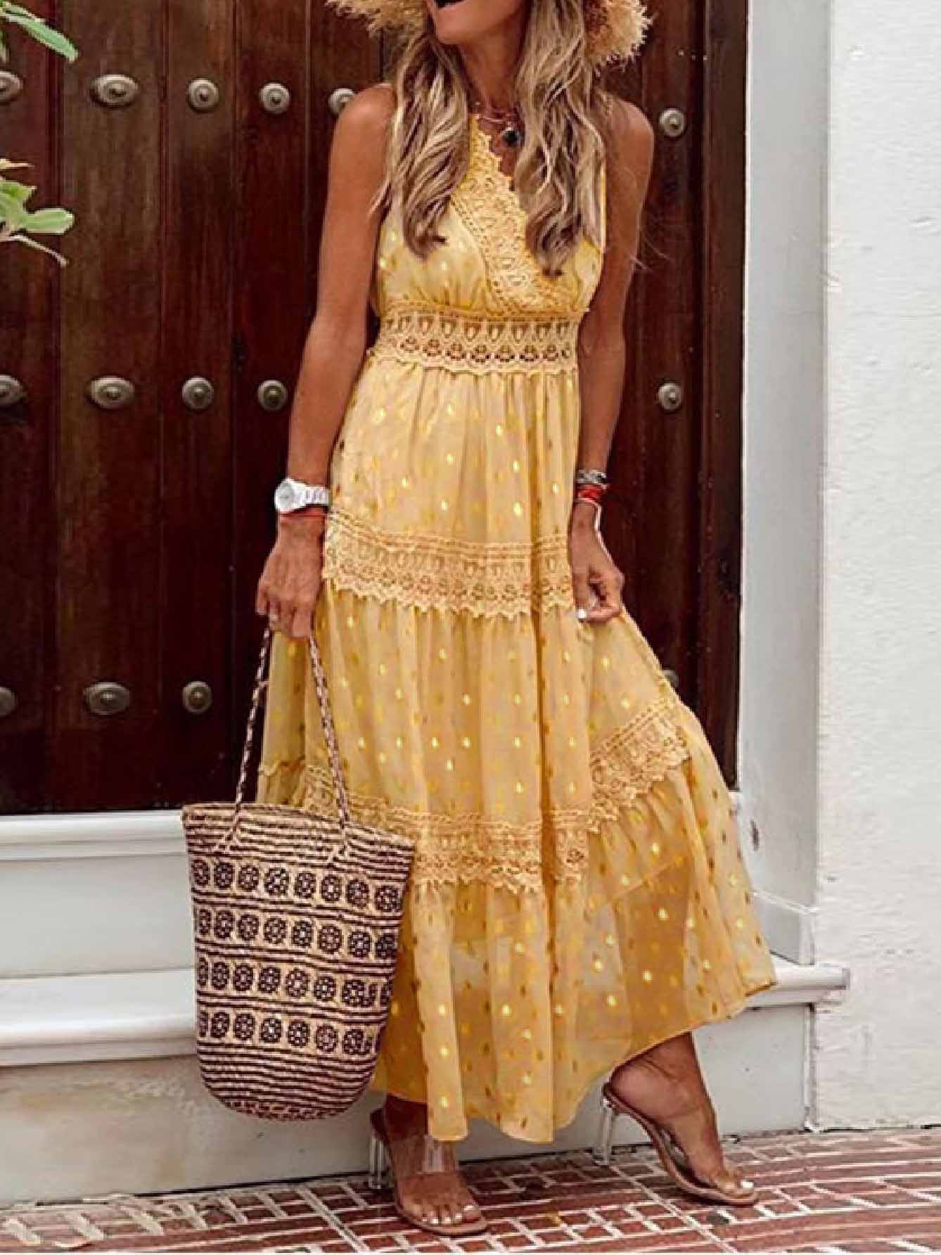 Stylish PolkaDots Print Lace V-Neck Maxi Dress