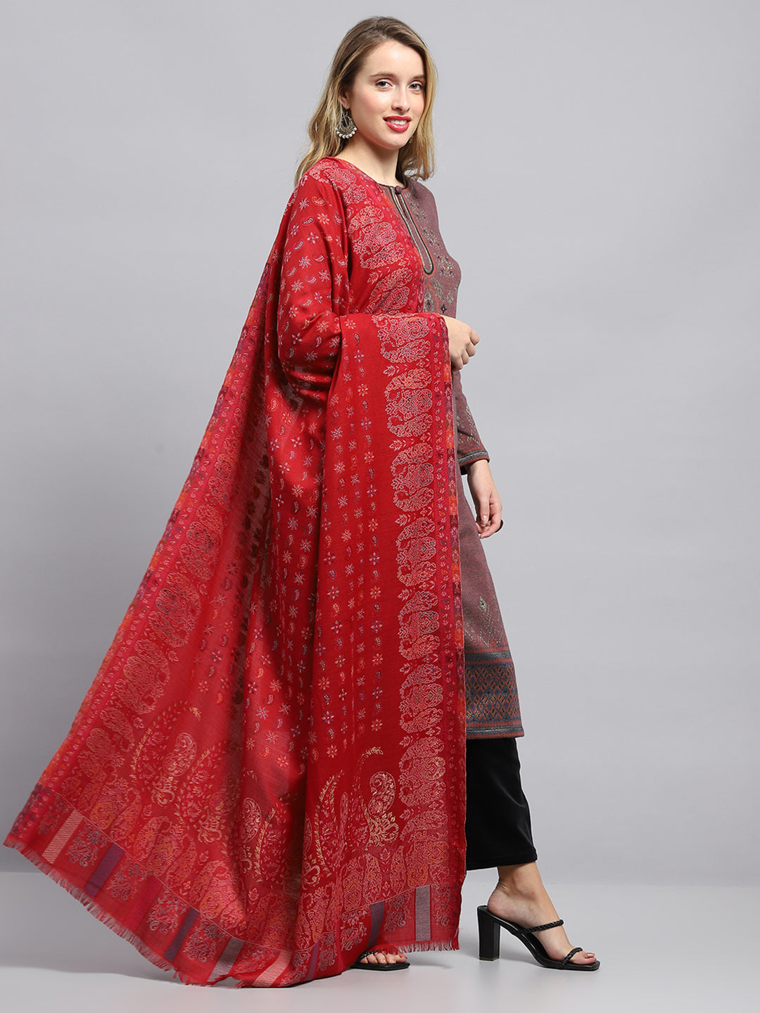 Women Red Self Design Shawl