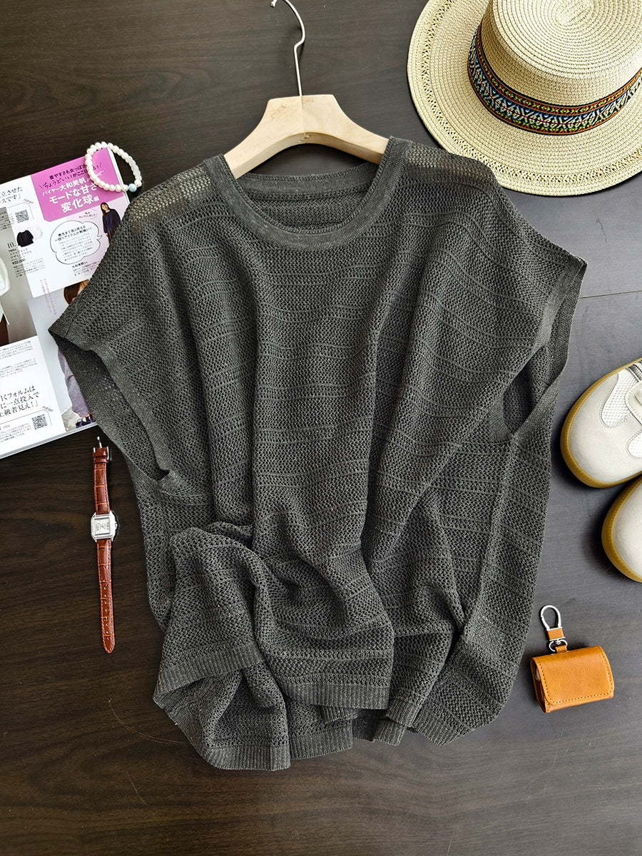 Women Summer Casual Pure Color Knitted O-Neck Shirt