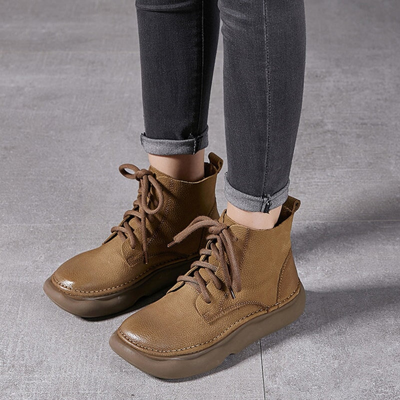 Mori Girl Style Genuine Leather Soft Martin Boots For Women Round Toe Lace Up in Grey/Khaki