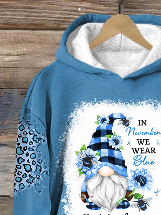 Retro Awarenes In November We Wear Blue Gnome Sunflower Print Hoodie