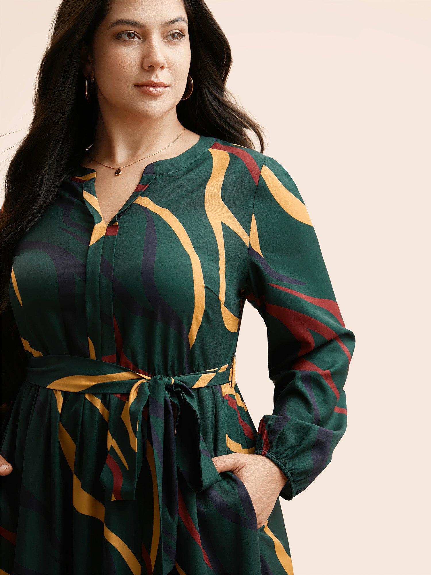 Notched Geometric Belted Midi Dress