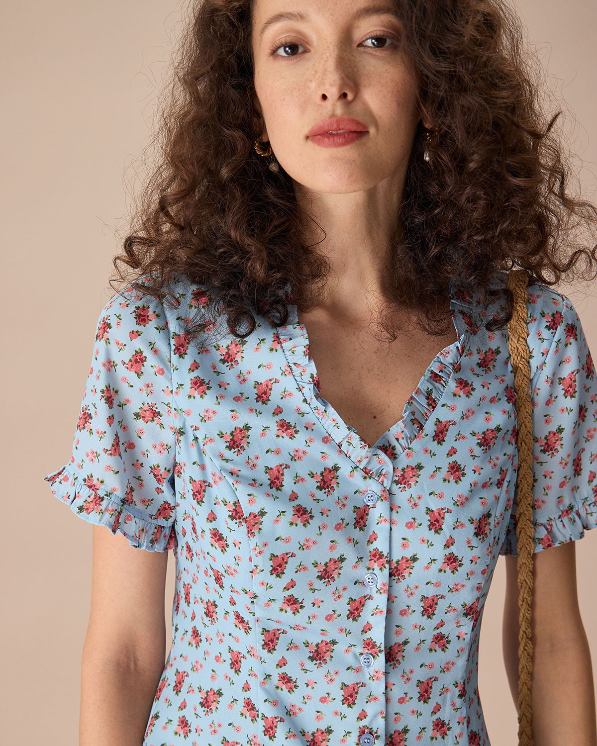 The Blue V Neck Frill Trim Floral Mini Dress