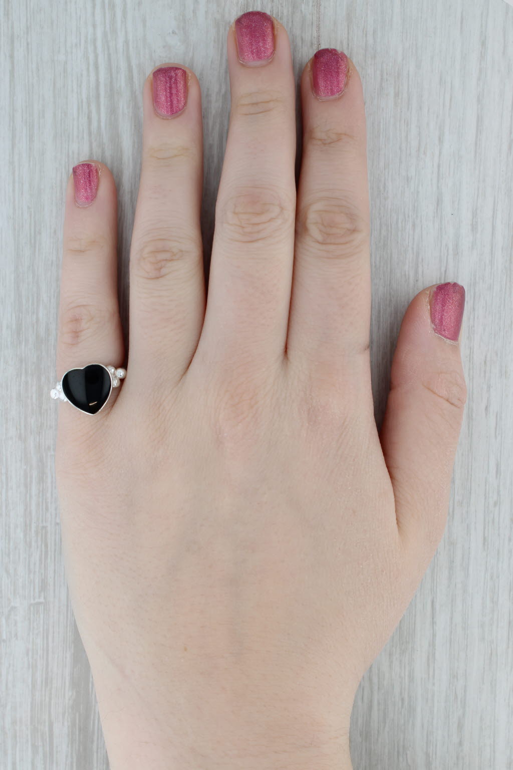 Onyx Heart Ring Sterling Silver Size 6.5 Statement