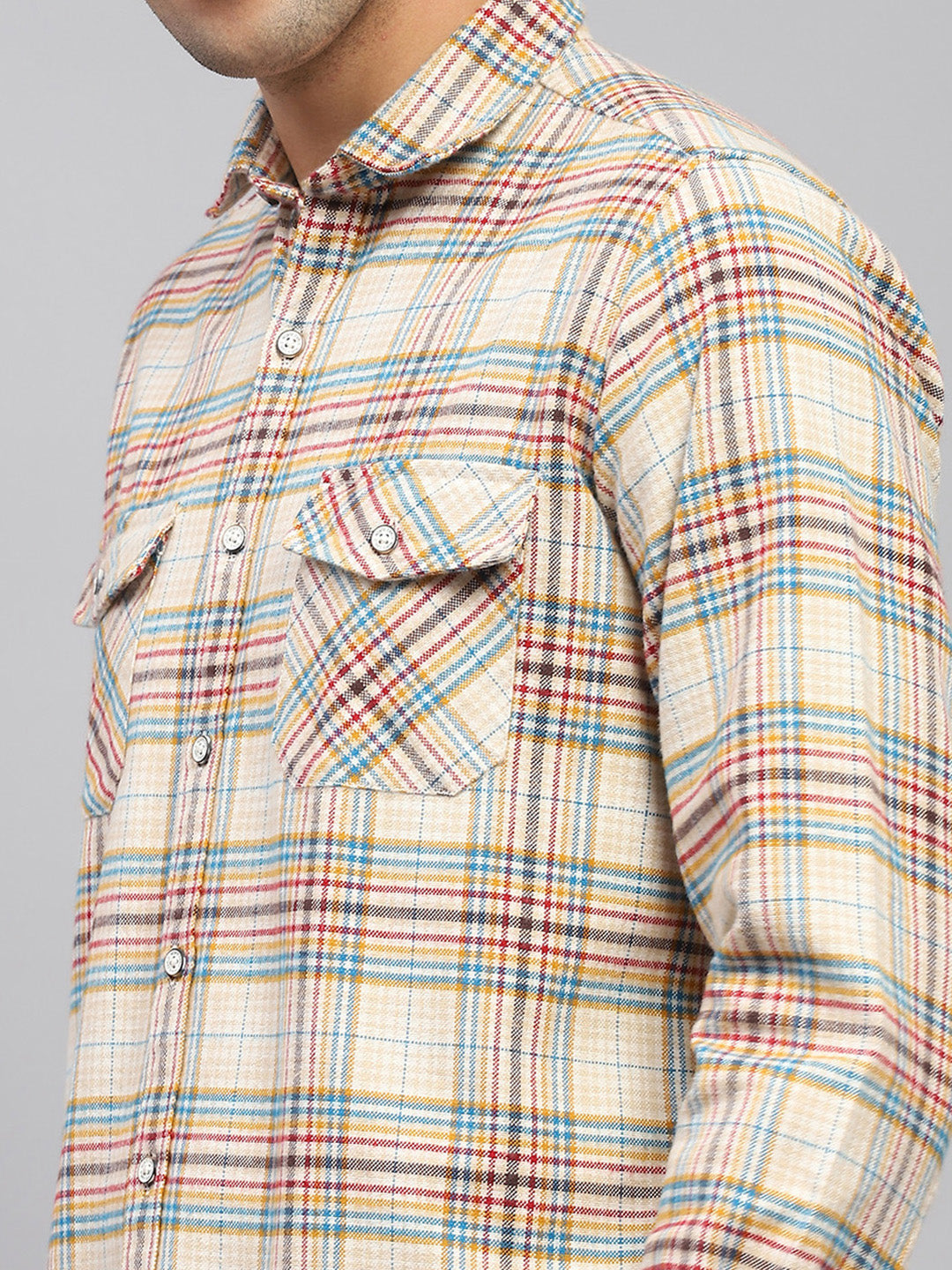 Men Beige Check Collar Full Sleeve Shirt