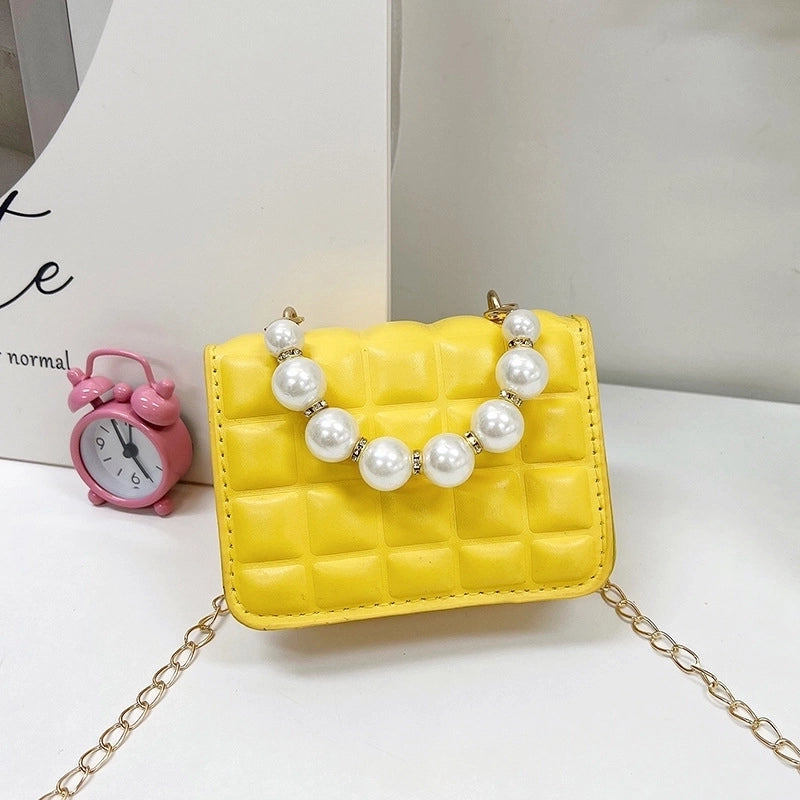 Girl's Small Pu Leather Solid Color Lingge Cute Pearls Zipper Crossbody Bag