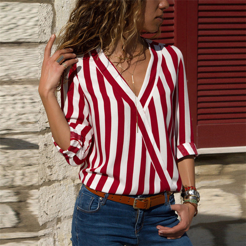 V-Neck Striped Long-Sleeved Shirt